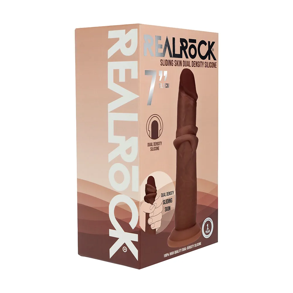 Realrock Sliding Skin Dual Density Silicone Dildo 7 in. in Brown